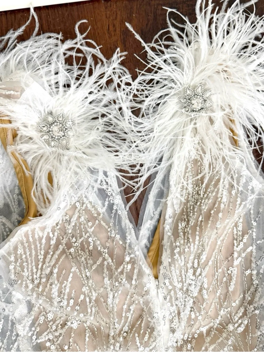 NADINE MERABI  Mila White Feather Sequin Ivory Mini Dress with Nude Slip Sz S - Picture 10 of 17